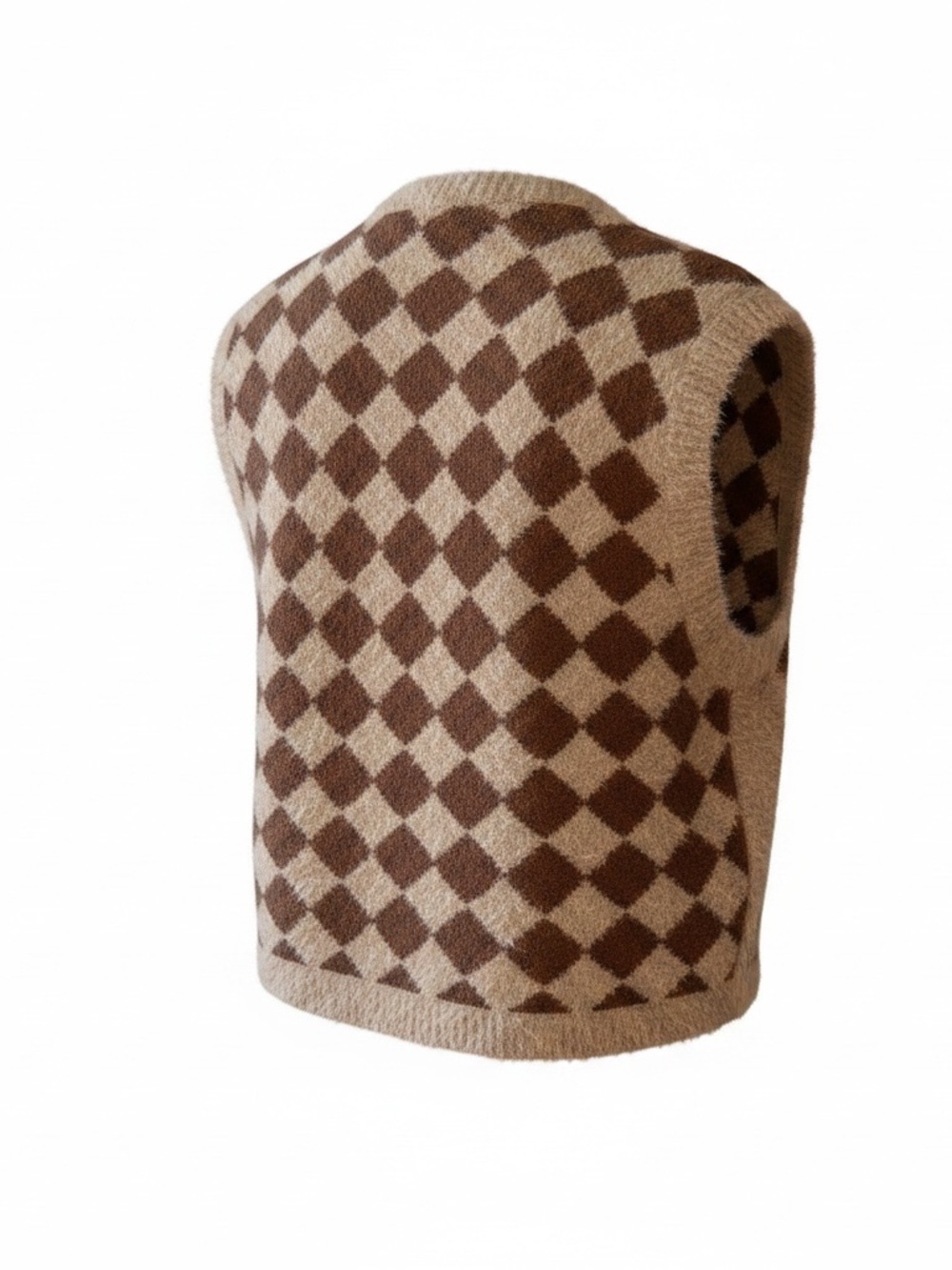 Sincerely Jules Argyle Fuzzy V-Neck Sweater Vest in Beige and Brown - Picture 2 of 3